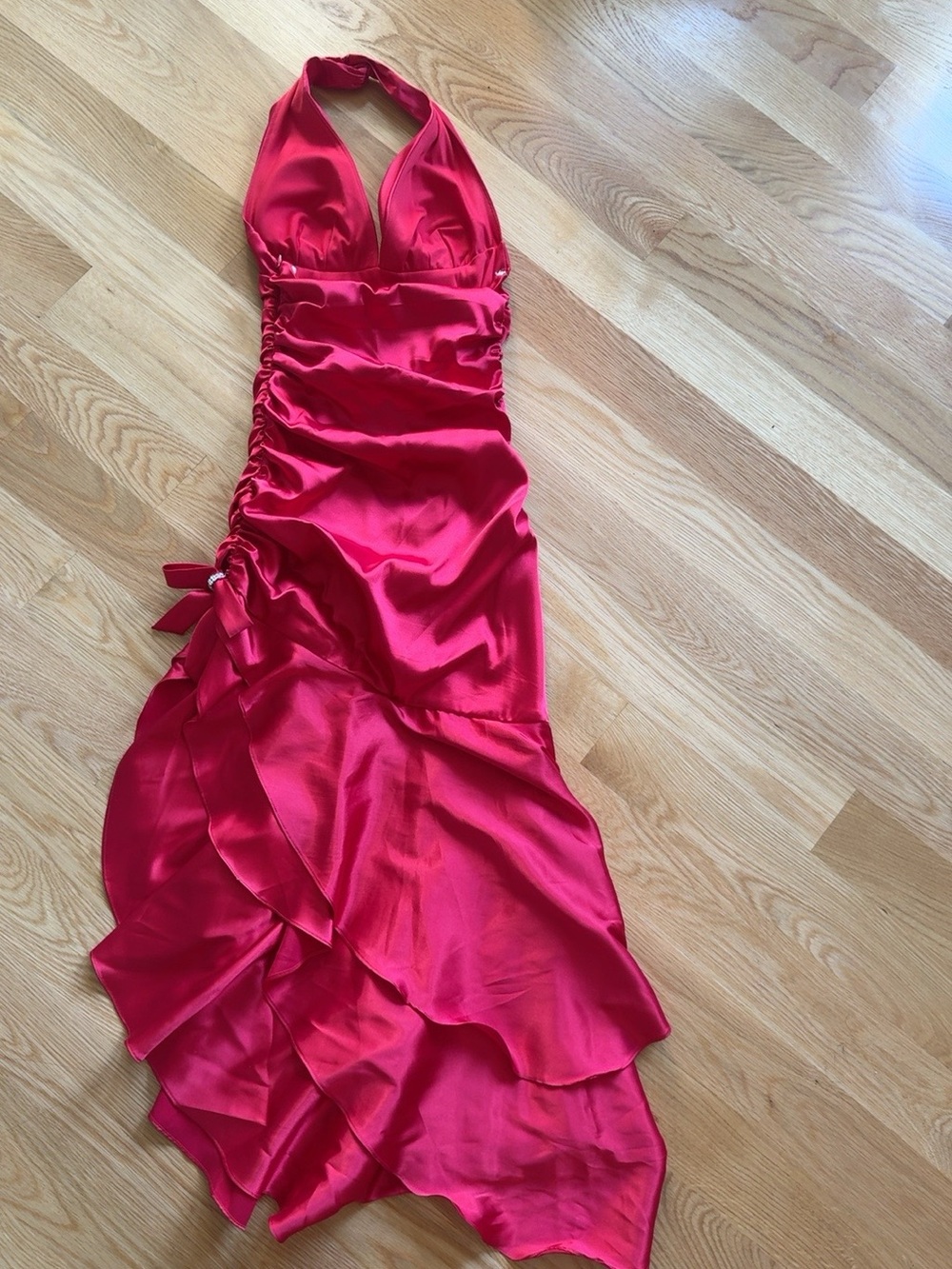 Y2K Morgan & Co Red Satin Halter High Low Ruffle Formal Prom Dress Small